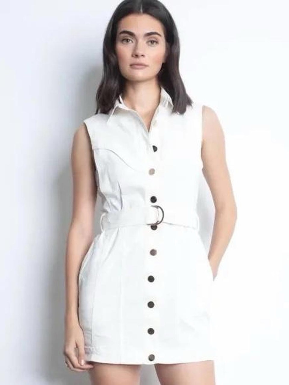 Karina Grimaldi White Sleeveless Button-Front Belted Shirt Dress